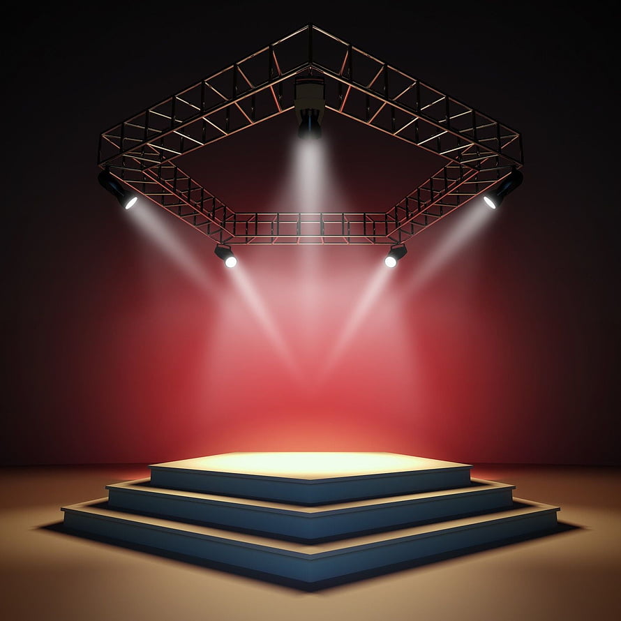 Empty Stage Podium With Overhead Truss Lighting And Dramatic Red Spotlight Beams HD phone wallpaper
