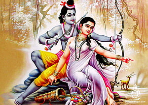Lord Rama and Sita in the Forest with Bow and Arrow Traditional Indian Painting HD wallpaper