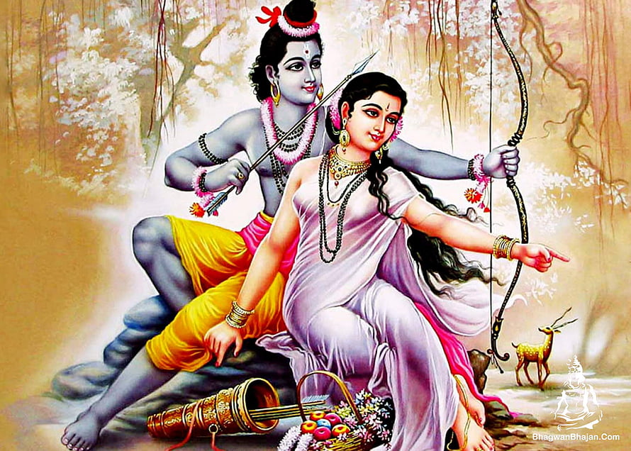 Lord Rama and Sita in the Forest with Bow and Arrow Traditional Indian Painting HD wallpaper