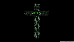 Digital Cross Formed By Green Computer Code With Jesus Text On Black Background HD wallpaper