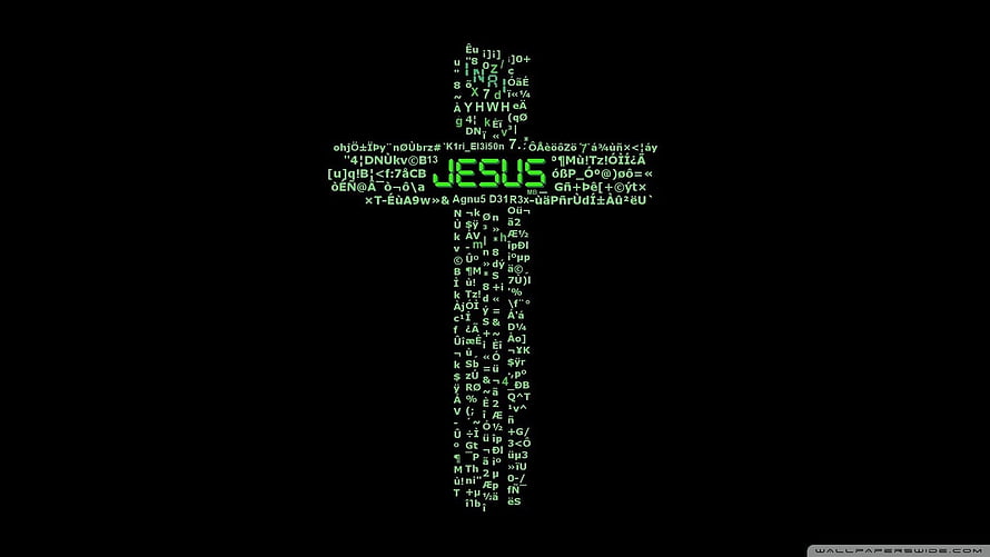 Digital Cross Formed By Green Computer Code With Jesus Text On Black Background HD wallpaper