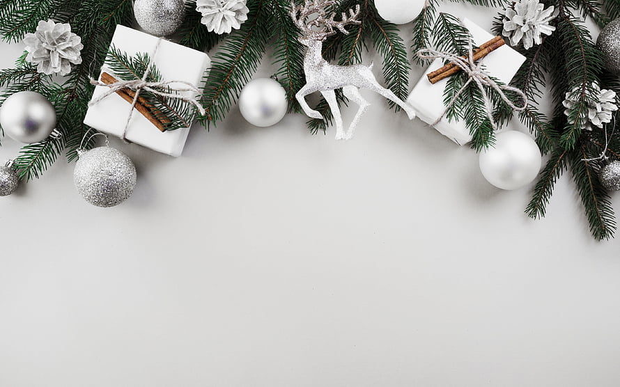 Elegant Christmas Border With Silver Ornaments, White Gifts, and Glittery Reindeer on White Background HD wallpaper