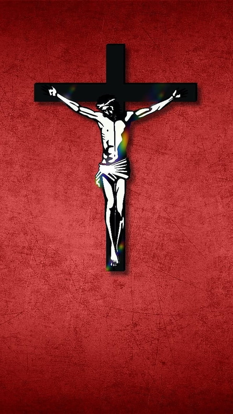 Stylized Jesus on the Cross with Black Silhouette Against Textured Red Background HD phone wallpaper