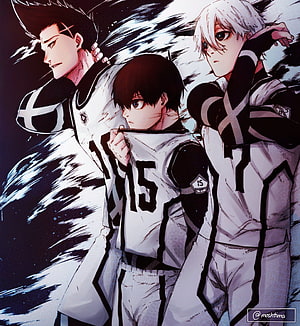 Blue Lock anime characters Isagi, Bachira, and Nagi in white soccer jerseys HD phone wallpaper