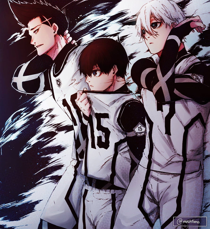 Blue Lock anime characters Isagi, Bachira, and Nagi in white soccer jerseys HD phone wallpaper