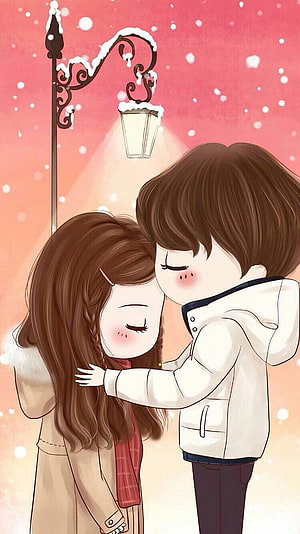 Cute cartoon couple hugging under a snowy street lamp in winter HD phone wallpaper