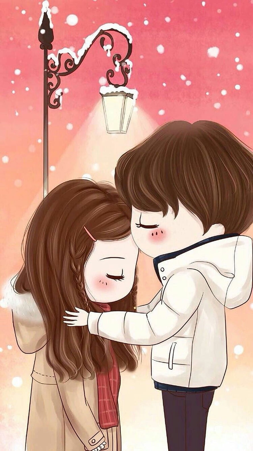 Cute cartoon couple hugging under a snowy street lamp in winter HD phone wallpaper