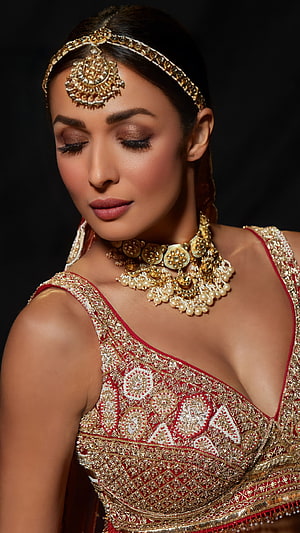 Malaika Arora in Traditional Indian Bridal Attire with Gold Jewelry and Red Embroidered Lehenga HD phone wallpaper