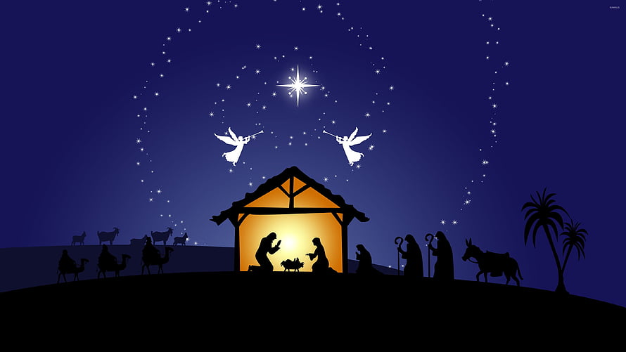Silhouette Nativity Scene with Star of Bethlehem and Angels at Night HD wallpaper