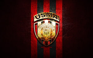USM Alger Golden Crest on Red and Black Striped Grunge Background HD wallpaper