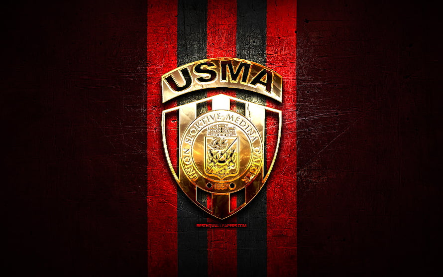 USM Alger Golden Crest on Red and Black Striped Grunge Background HD wallpaper