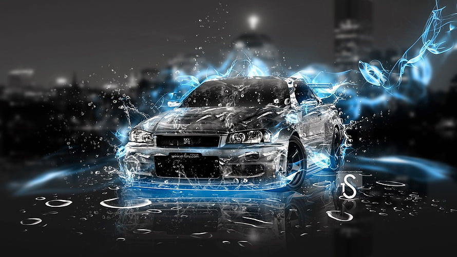 Nissan Skyline R34 GT-R Digital Art with Blue Energy Effects and Water Splashes HD wallpaper