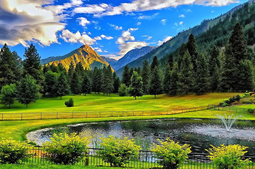 Serene Mountain Valley Landscape With Pine Forest And Pond Fountain HD wallpaper