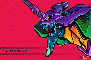 Evangelion Unit 01 Test Type Stylized Mecha Artwork on Vibrant Red Background HD wallpaper