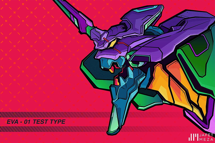 Evangelion Unit 01 Test Type Stylized Mecha Artwork on Vibrant Red Background HD wallpaper