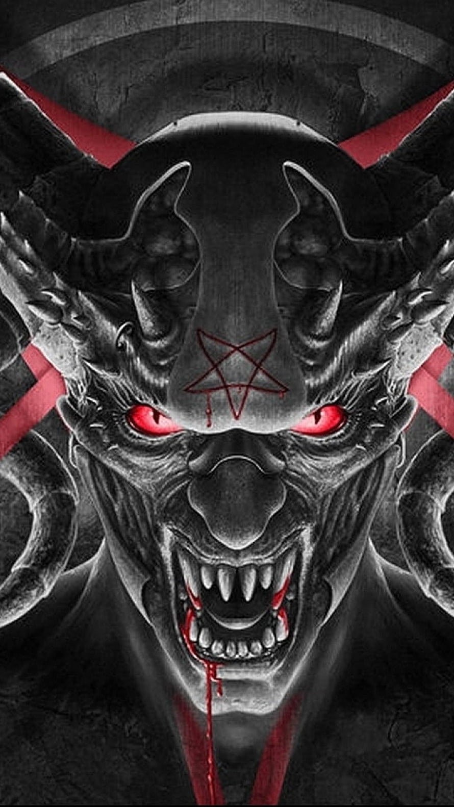 Menacing Demon Portrait With Glowing Red Eyes, Pentagram Symbol, And Sharp Horns HD phone wallpaper