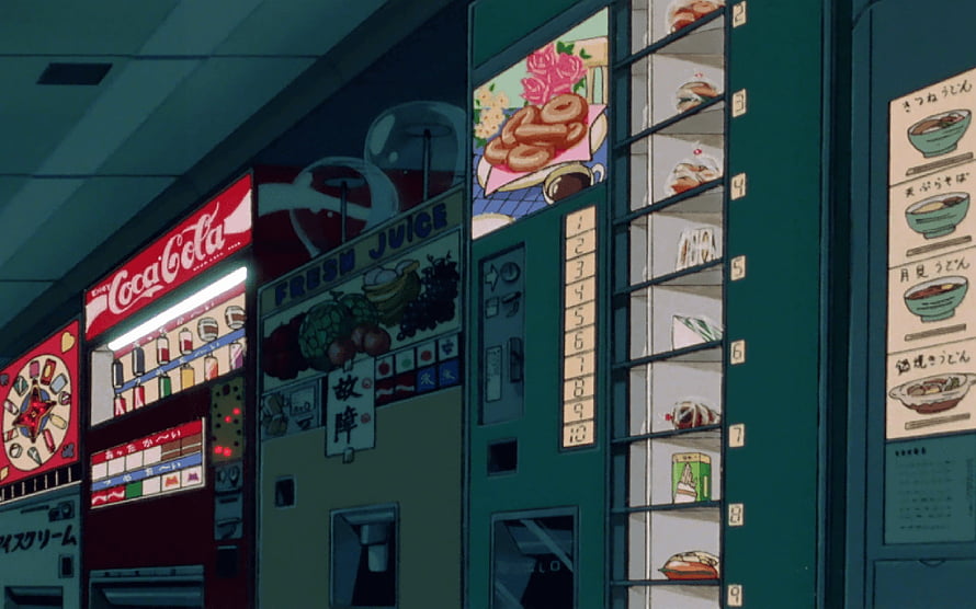Animated Japanese Vending Machines Row With Coca-Cola And Fresh Juice Dispensers HD wallpaper