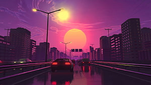 Retro Wave Cityscape at Sunset with Neon Pink Sky and Wet Highway HD wallpaper