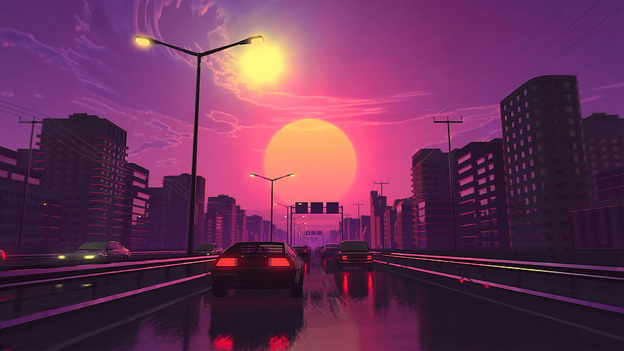 Retro Wave Cityscape at Sunset with Neon Pink Sky and Wet Highway HD wallpaper