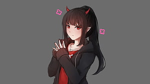 Anime Girl With Red Eyes And Devil Horns In Dark Hoodie HD wallpaper