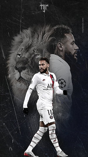 Neymar Jr in Paris Saint-Germain Kit with Lion Portrait and Dark Grunge Background HD phone wallpaper