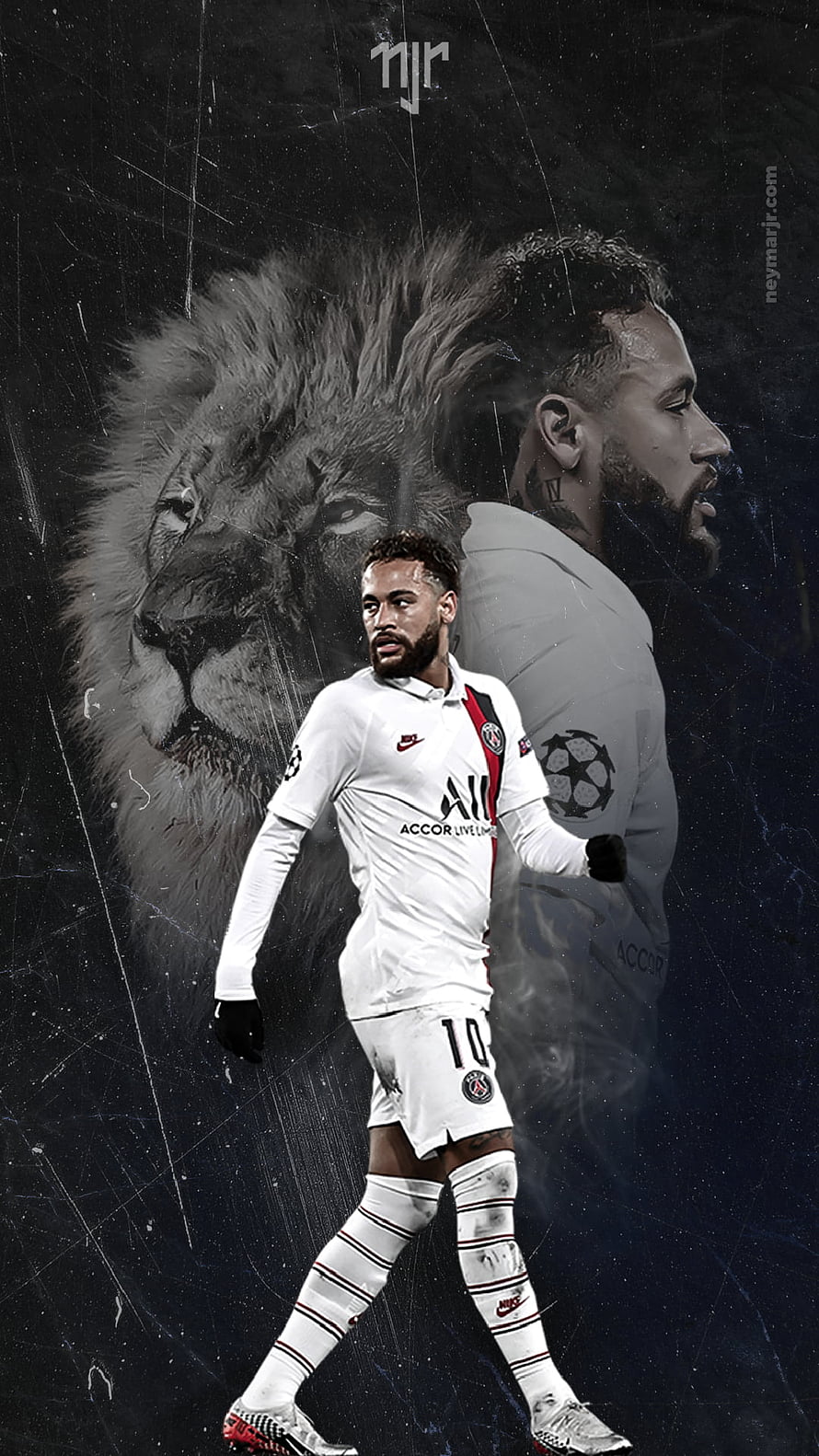 Neymar Jr in Paris Saint-Germain Kit with Lion Portrait and Dark Grunge Background HD phone wallpaper