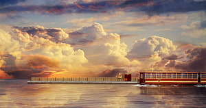 Vintage Red Train Crossing Water at Sunset with Dramatic Clouds HD wallpaper