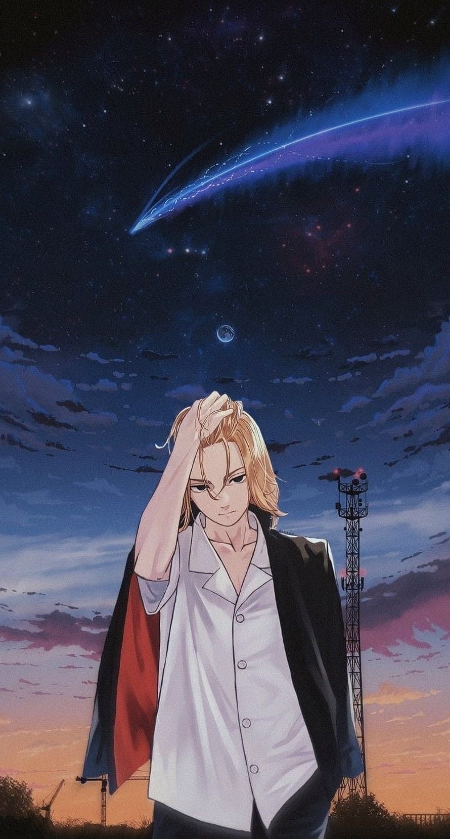 Anime Male Character With Blonde Hair Under Starry Night Sky With Comet HD phone wallpaper