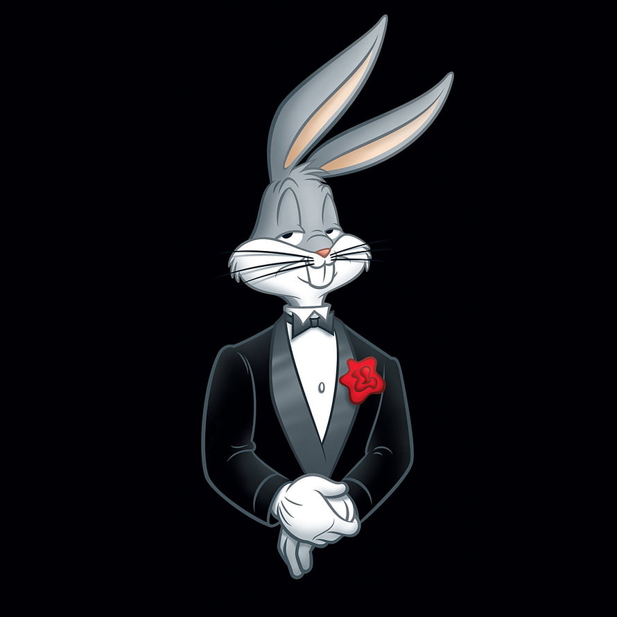Bugs Bunny in a Formal Black Tuxedo with Red Rose Boutonniere on Black Background HD phone wallpaper