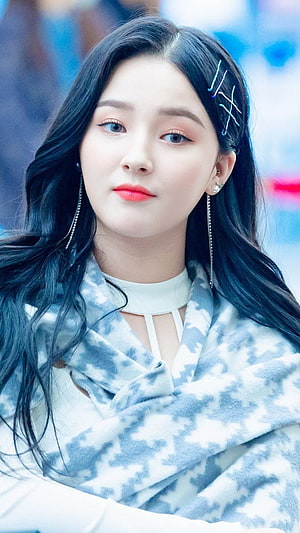 Nancy from Momoland in a blue and white patterned coat with long dark hair and red lipstick HD phone wallpaper