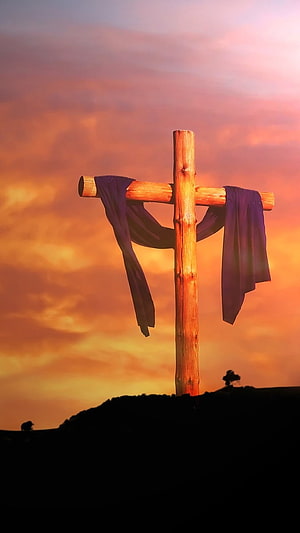 Empty Wooden Cross With Purple Cloth Against Vibrant Sunset Sky HD phone wallpaper
