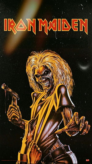 Iron Maiden Eddie Skull Rock Poster with Hammer and Yellow Shirt HD phone wallpaper