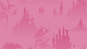 Disney Princess Pink Tonal Castle Silhouette Landscape with Misty Trees and Fantasy Architecture HD wallpaper