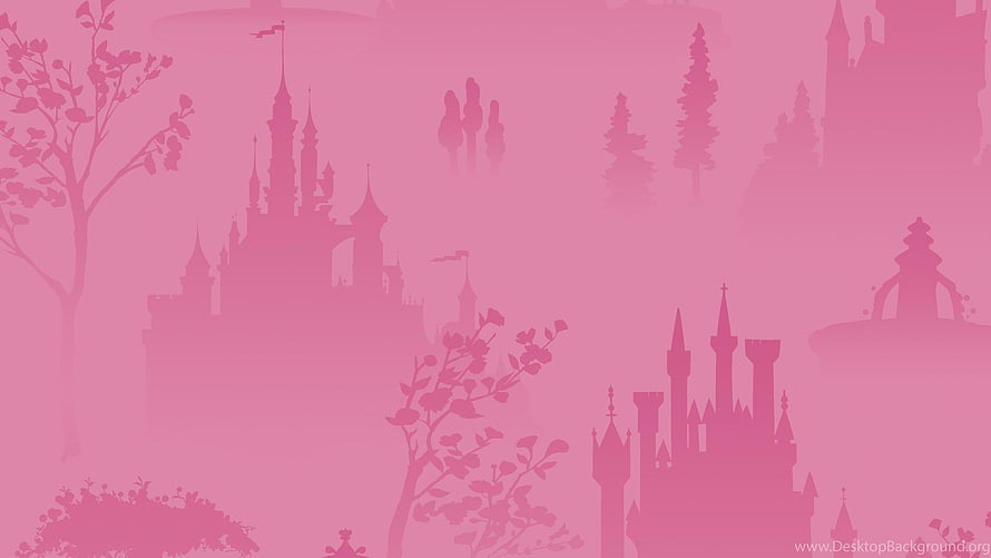 Disney Princess Pink Tonal Castle Silhouette Landscape with Misty Trees and Fantasy Architecture HD wallpaper