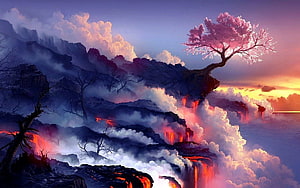 Fantasy Landscape with Glowing Cherry Blossom Tree and Lava Waterfalls at Sunset HD wallpaper