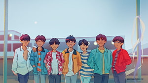 BTS Seven Members Standing Together in Casual Streetwear Illustration HD wallpaper