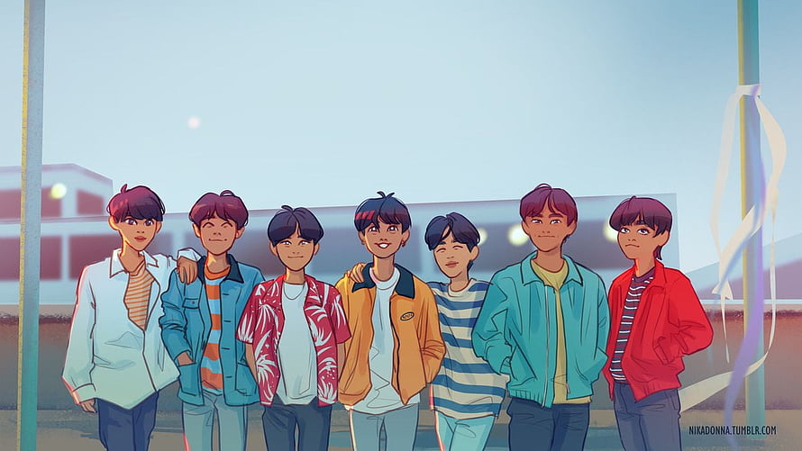 BTS Seven Members Standing Together in Casual Streetwear Illustration HD wallpaper