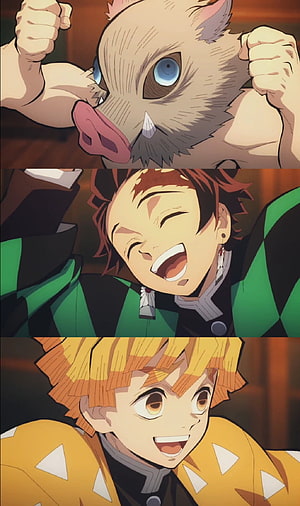 Demon Slayer Trio: Tanjiro, Zenitsu, and Inosuke in Vibrant Anime Art HD phone wallpaper