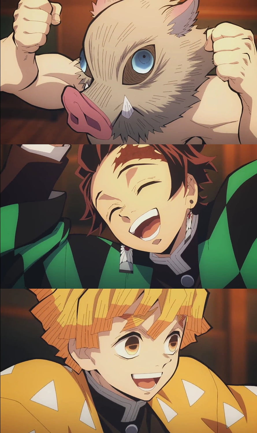 Demon Slayer Trio: Tanjiro, Zenitsu, and Inosuke in Vibrant Anime Art HD phone wallpaper