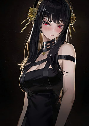 Anime Girl With Black Hair And Red Eyes Wearing A Black Strappy Dress And Gold Hair Accessories HD phone wallpaper