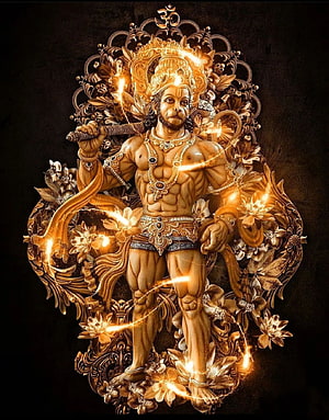 Hanuman Divine Gold Sculpture with Ornate Floral Mandala and Glowing Energy, Hanuman, gold, power, god HD phone wallpaper