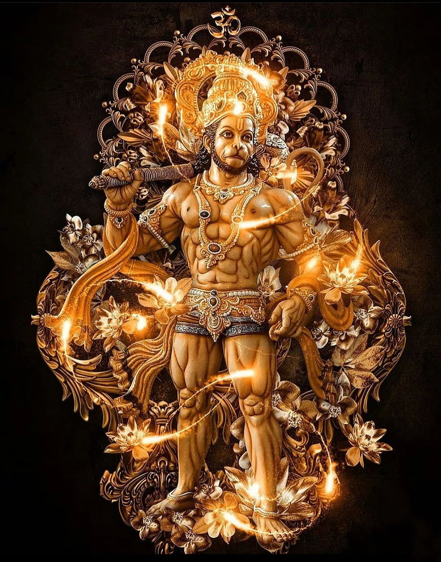 Hanuman Divine Gold Sculpture with Ornate Floral Mandala and Glowing Energy, Hanuman, gold, power, god HD phone wallpaper
