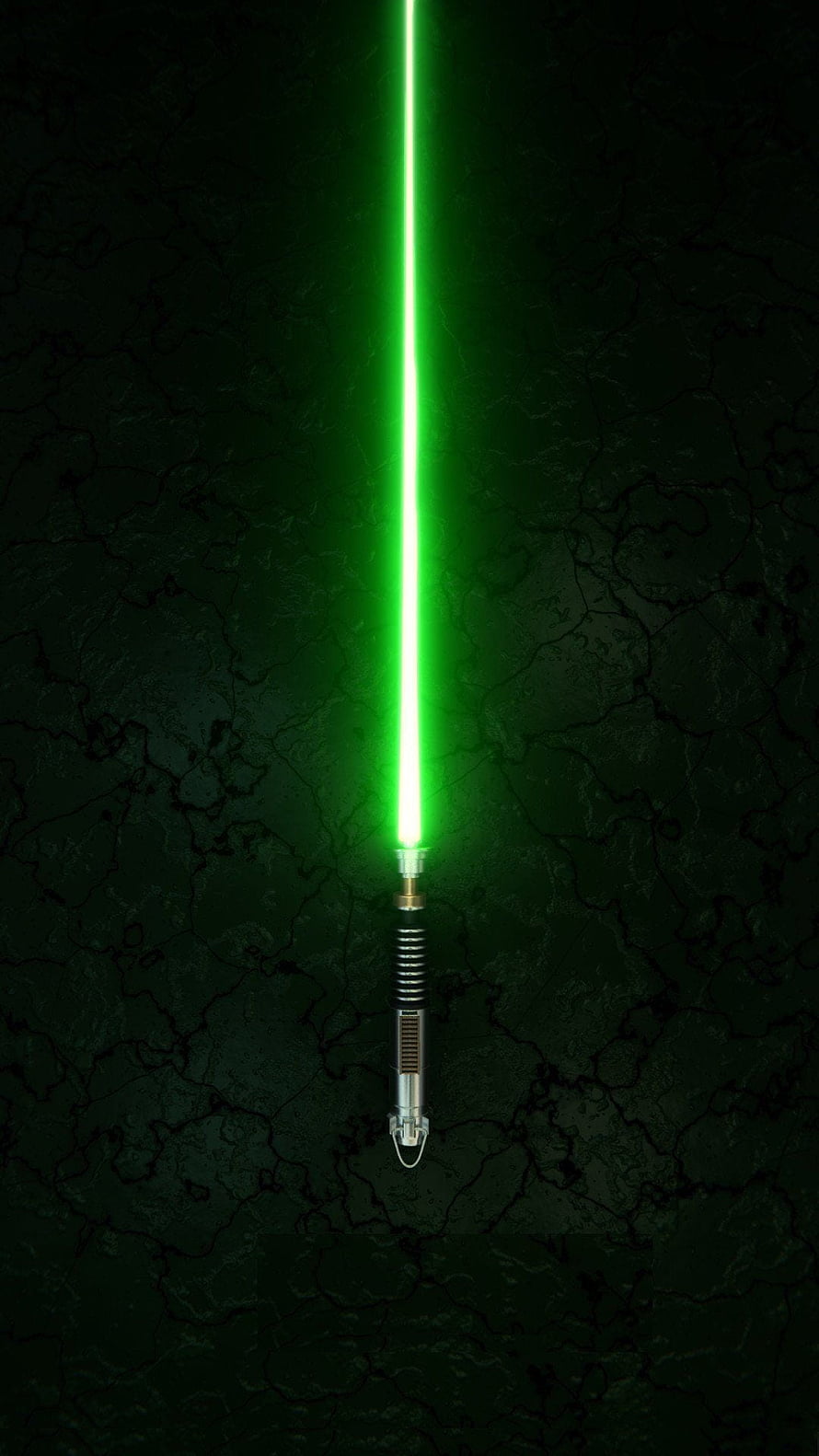 Star Wars Green Lightsaber with Metallic Hilt on Dark Cracked Background HD phone wallpaper