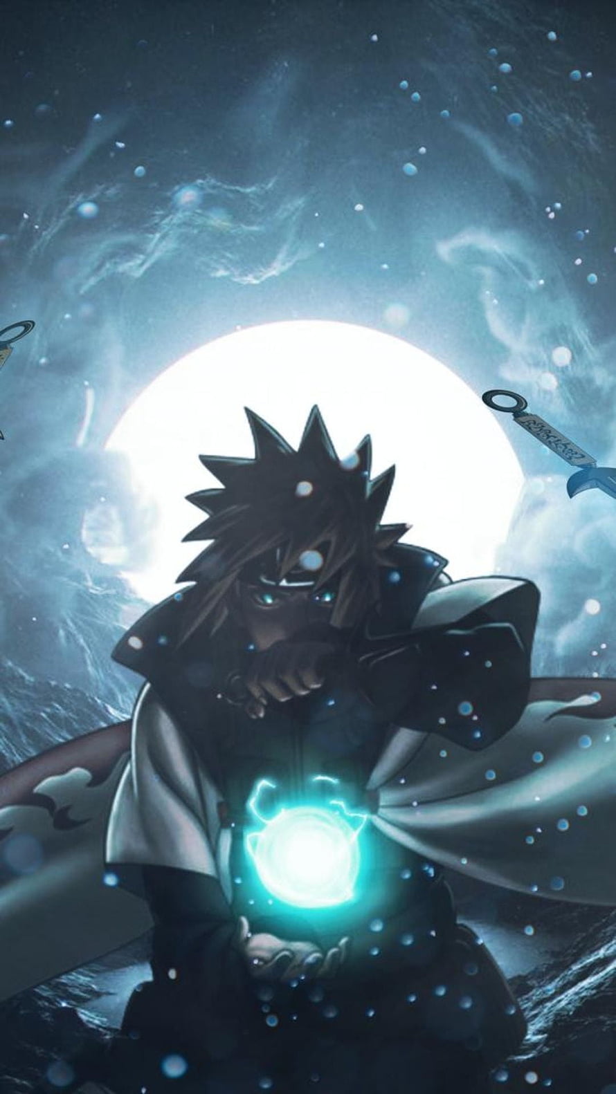 Minato Namikaze Channeling Chakra Under a Full Moon in Dark Anime Art HD phone wallpaper