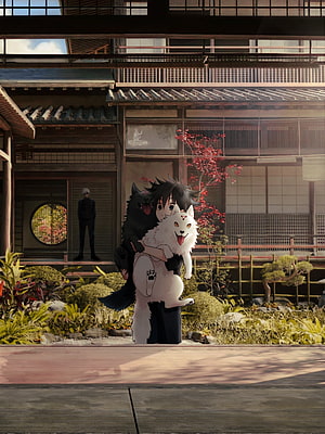 Anime boy holding white and black foxes in traditional Japanese garden with autumn leaves HD phone wallpaper