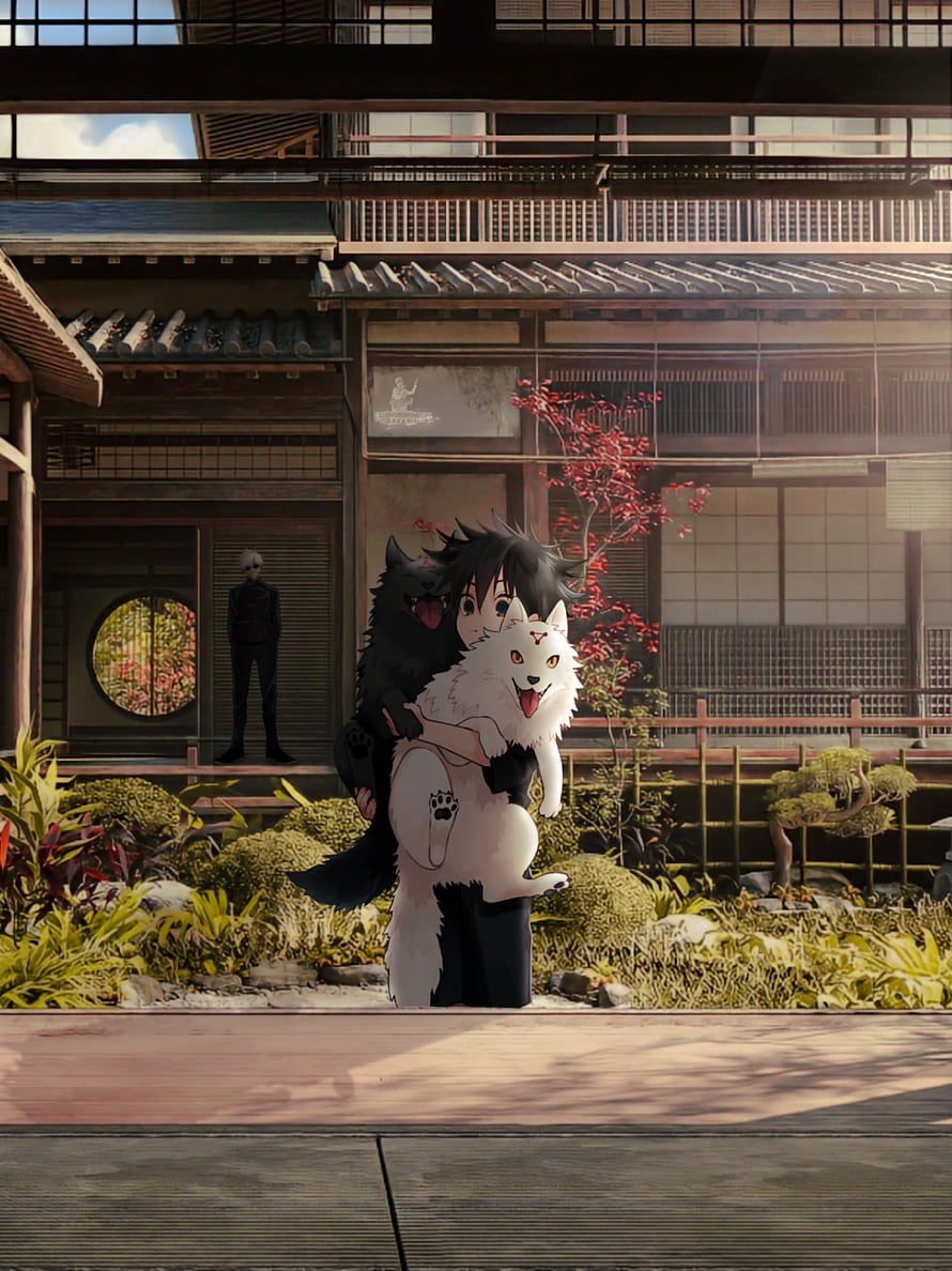 Anime boy holding white and black foxes in traditional Japanese garden with autumn leaves HD phone wallpaper