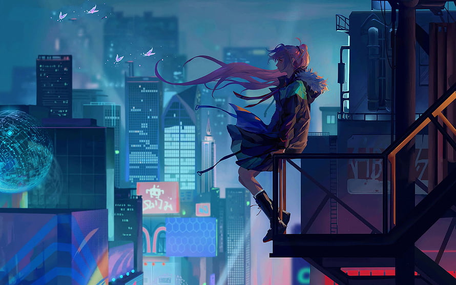 Anime Girl Standing on Fire Escape in Neon Cyberpunk City at Night HD wallpaper