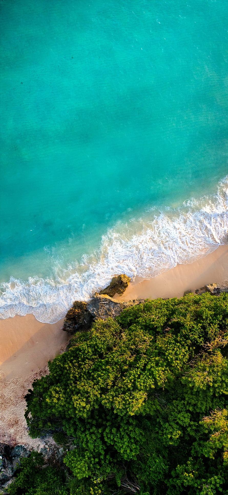 Aerial View of Turquoise Ocean Waves Crashing on Sandy Beach with Lush Green Forest HD phone wallpaper
