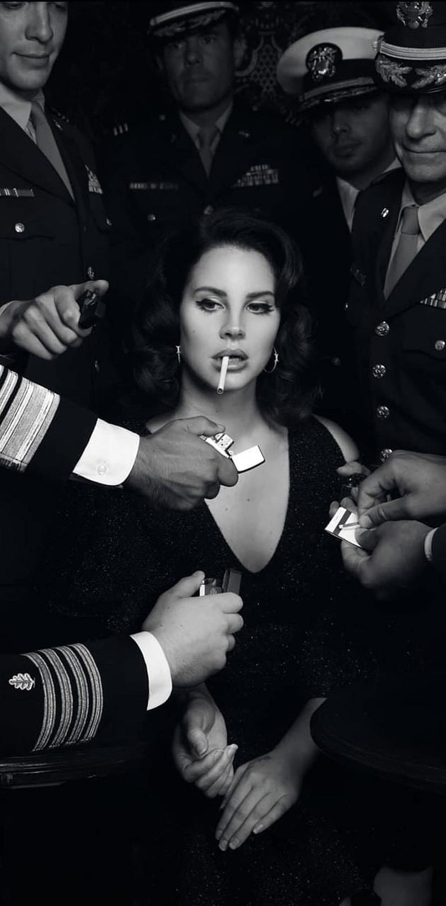 Lana Del Rey Surrounded by Military Men in Black and White Portrait HD phone wallpaper