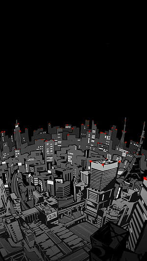 Dark Monochrome Cityscape Illustration With Red Accents HD phone wallpaper